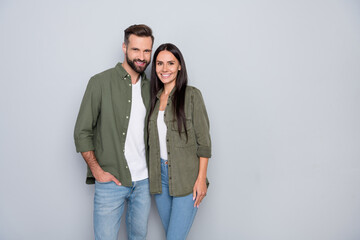 Aufkleber - Portrait of attractive cheerful couple spouses hugging romance mood isolated over grey pastel color background