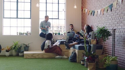 Aufkleber - Work, collaboration and teamwork in a coworking office with staff and workers. Team together planning a digital, business and startup strategy with technology for a web and online innovation project
