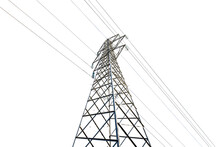 Photography Of A High Voltage Tower, Power Line With Electric Cables And Insulators Isolated On Transparent Background, Png.