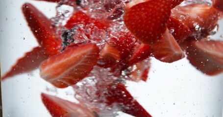 Wall Mural - Super slow motion of rotating strawberries underwater, white background. Filmed on high speed cinema camera, 1000 fps.