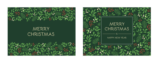 Set of holidays greeting cards with floral frames and Christmas ornament. Winter twigs patterns in green colors