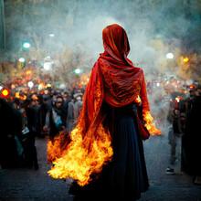 3d Illustration Sketch Of An Iranian Woman Burning Her Hijab In Protests Against Oppression Of Women