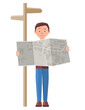 © TenWit - Flat illustrated man reading a map next to a sign post against a transparent background - perfect for a 'How to Find Us' section background element