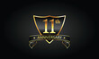 11 year anniversary logo with golden shield and ribbon. Dark concept anniversary. 11th Anniversary celebration background. eleventh anniversary banner vector