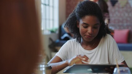 Aufkleber - Review, tablet and chart with management with black woman in startup office for marketing, innovation and coaching. Digital, communication and strategy with employee working in small business company