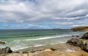 Poster - view of St. Ives Bay and small beach near Gwithian with the Godrevy Lighthouse in the background