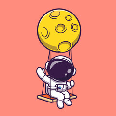 Wall Mural - Cute Astronaut Swing On Moon And Waving Hand Cartoon 
Vector Icon Illustration. Science Technology Icon Concept 
Isolated Premium Vector. Flat Cartoon Style