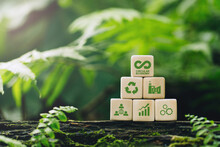 Circular Economy Concept.wooden Cubes With A Circular Economy Icon On A Green Background. Circular Economy For Future Growth Of Business And Design To Reuse And Renewable Material Resources.