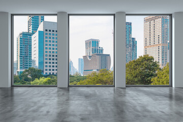 Wall Mural - Empty room Interior Skyscrapers View Bangkok. Downtown City Skyline Buildings from High Rise Window. Beautiful Expensive Real Estate overlooking. Day time. 3d rendering.