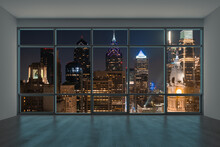 Empty Room Interior Skyscrapers View Cityscape. Downtown Philadelphia City Skyline Buildings From High Rise Window. Beautiful Real Estate. Night Time. 3d Rendering.