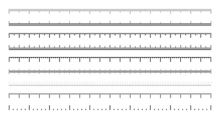 Various measurement scales with divisions. Realistic scale for measuring length or height in centimeters, millimeters or inches. Ruler, tape measure marks, size indicators. Vector illustration