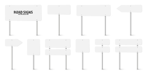 Wall Mural - various road, traffic signs. highway signboard on a chrome metal pole. blank white board with place 