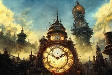 Fantasy Architecture. Ancient Clock Tower. Steampunk City. Atompunk. Concept Art Scenery. Book Illustration.