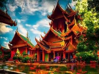 Thai temple in vivid color 3d illustration, sky, woods and sun