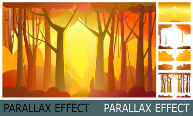 Wall Mural - forest pathway. trees illustration. dense wild plants with tall, branched trunks. autumn orange land