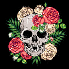 Wall Mural - Skull and flowers hand drawn illustration. Tattoo vintage print. Vampire skull and roses.