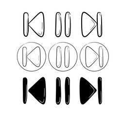 Leinwandbilder - A collection of hand-drawn music and video rewind and stop icon sets. Start play and pause button in doodle sketch style. A simple doodle drawing scheme. Vector illustration.