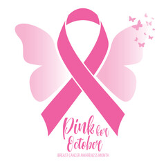 Canvas Print - Breast cancer awareness month with Butterfly sign and pink ribbons vector illustration design poster layout.