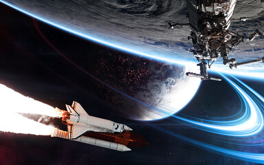 Wall Mural - space station and shuttle in planet orbit. deep space planets. science fiction. elements of this ima