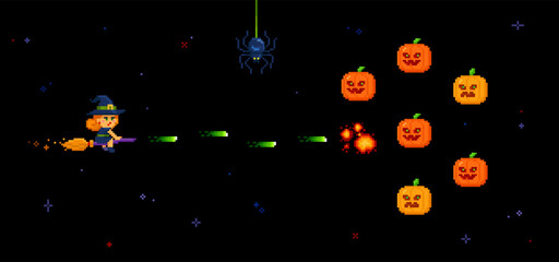 Poster - Halloween pixel art retro game with funny Witch vs pumpkin invaders. 8-bit vintage style Retro game icons set. Pixilated Space arcade Holiday edition shooter vector template