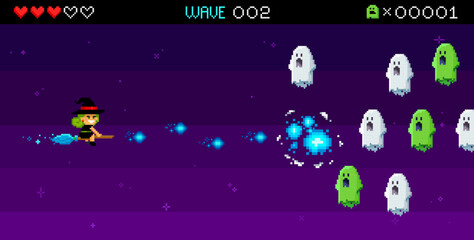 Wall Mural - Halloween pixel retro game with funny Witch vs Ghost invaders. 8-bit Retro video game set. Pixilated Space arcade Holiday edition shooter vector template