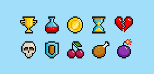 Poster - 8 bit icons for retro computer game design. Arcade game asset collection. Pixel game loot and items. Pixel graphics prize signs and symbols