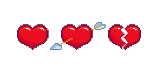 Poster - 8-Bit pixel art hearts with arrow - editable vector. Pixel hearts in retro computer game style. Pixilated broken Heart 