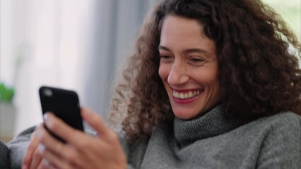 Poster - happy, relax and woman texting on a phone, laughing at social media post or meme on a sofa. internet