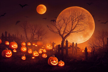 Wall Mural - Halloween with pumpkins, bats and ghosts. 
