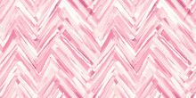 Seamless Playful Hand Painted Watercolor Light Pastel Pink Herringbone Or Chevron Fabric Pattern. Abstract Cute Zigzag Background Texture. Girl's Birthday, Baby Shower Or Nursery Wallpaper Design..