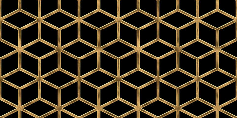 Wall Mural - Seamless golden stacked geometric cubes pattern. Vintage abstract gold plated relief on dark black background. Modern elegant metallic luxury backdrop. Maximalist gilded wallpaper 3D rendering.