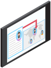Poster - Search social profile, recruitment. Page with social network, human avatar, world map with portraits. Looking for candidate for new job, business communication, emloyment management, personal manager