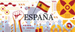 Spain flag and map poster. National day or spain independence day design. spanish celebration. Modern retro design with abstract icons - Independence from Spain