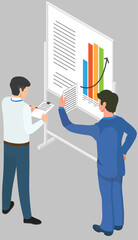 Poster - business people communicating in office discuss statistics, analyze different charts and graphs. fin