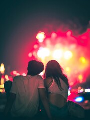 Wall Mural - vertical shot of a couple from behind looking at the firework in the sky on july 4