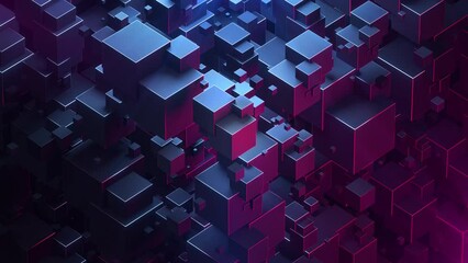 Poster - satisfying abstract animation, purple rotating cubes, transforming geometric structure, perfect bloc