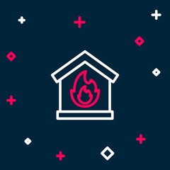 Sticker - Line Fire in burning house icon isolated on blue background. Colorful outline concept. Vector