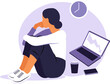 Professional burnout syndrome. Illustration tired female office worker sitting at the table. Frustrated worker, mental health problems. 