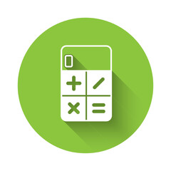 Poster - White Calculator icon isolated with long shadow background. Accounting symbol. Business calculations mathematics education and finance. Green circle button. Vector