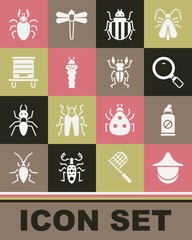 Canvas Print - Set Beekeeper hat, Spray against insects, Magnifying glass, Colorado beetle, Larva, Hive for bees, Beetle deer and icon. Vector