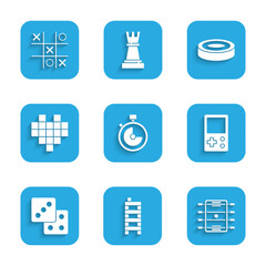 Wall Mural - Set Stopwatch, Mahjong pieces, Hockey table, Tetris, Game dice, Pixel hearts for game, Checker chips and Tic tac toe icon. Vector