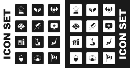 Sticker - Set Heart shaped Canada flag, Hockey puck, Snowflake, Inukshuk, Canadian maple leaf, Deer antlers, Ice hockey stick and and Farm house icon. Vector