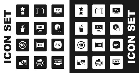 Sticker - Set Smart Tv, Screen tv with 4k, Paper glass water, Movie trophy, Online play video, Rope barrier, 8k Ultra HD and Plus 18 movie icon. Vector