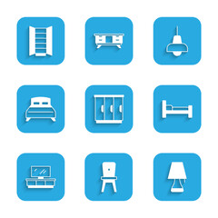 Poster - Set Wardrobe, Chair, Table lamp, Bed, TV table stand, Big bed, Lamp hanging and icon. Vector