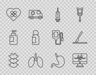 Wall Mural - Set line Human spine, Monitor with cardiogram, Syringe, Lungs, Healed broken heart, Eye drop bottle, stomach and Medical surgery scalpel icon. Vector