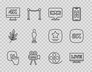 Sticker - Set line Online play video, Live stream, 3D cinema glasses, Retro camera, Screen tv with 4k, Movie trophy, Film reel and 8k Ultra HD icon. Vector