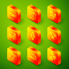 Sticker - Set line Dynamite, Mine entrance, Gem stone, Mining dump truck, Pickaxe, and Miner helmet icon. Vector