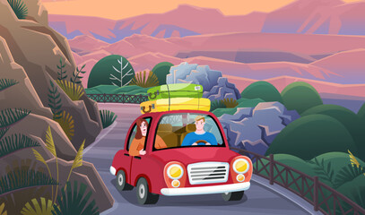 Planning summer vacations. Travel by car. World trip, summer holiday. Tourism and vacation theme. Family is going on vacation, journey on weekend by car. People in red vehicle with suitcases on roof