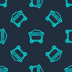 Poster - Green line Mine coal trolley icon isolated seamless pattern on blue background. Vector