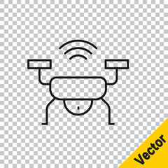 Sticker - Black line Smart drone system icon isolated on transparent background. Quadrocopter with video and photo camera symbol. Vector